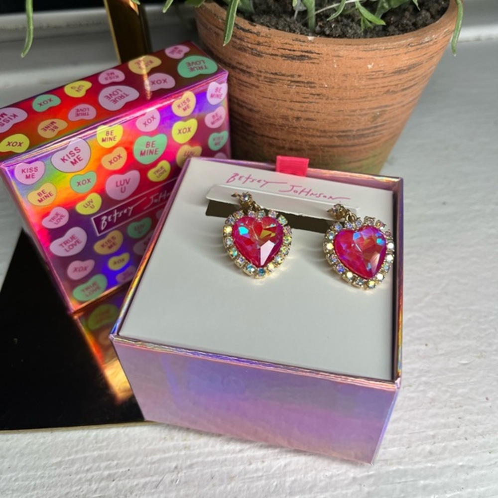 Betsey Johnson Pink Heart Crystal Drop Earrings Gift Box NWT